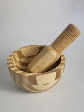 Natural Bamboo Mortar and Pestle - Two-Tone Wood Modern Organic Primitive Art